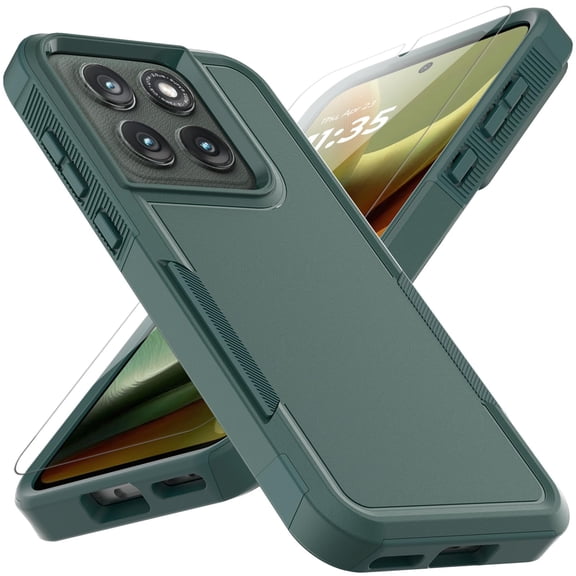 Dual Layer Phone Case compatible with Motorola Edge 2026, Shockproof Heavy Duty Rugged Protective Cover with HD Screen Protector, Military Protection Tough Bumper, Dark Green