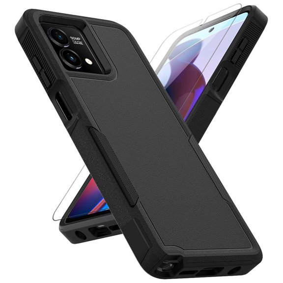 Dual Layer Phone Case compatible with Motorola Moto G Stylus 5G 2023, Shockproof Heavy Duty Rugged Protective Cover with Screen Protector, Military Protection Tough Bumper, Black