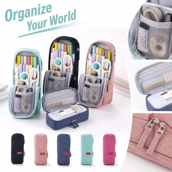 Dual Layer Standing Pencil Case Portable Handheld Pen Bag Built In Phone Rest Bracket Neat Segmented Compartment Stationary Tool Packing Case*1PC
