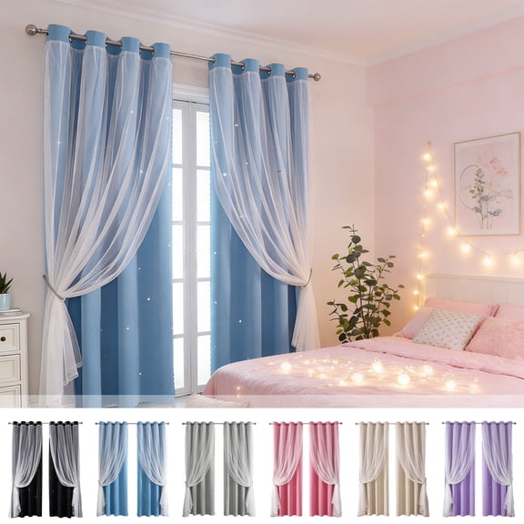 Dual Layer Star Pattern Window Curtain, Sheer Outer Match Blackout Inner Layer, Efficient Thermal Insulation, 2-in-1 Integrated Design for Bedroom and Living Room Window Shading, Gray