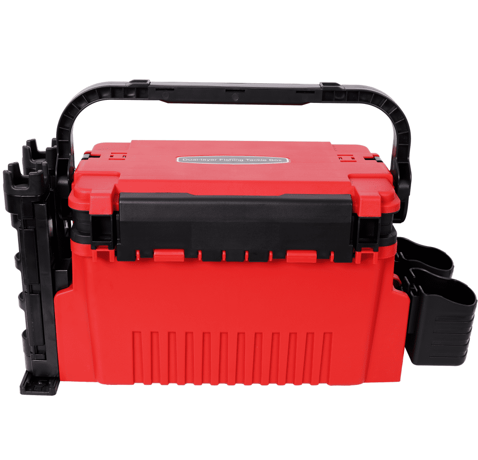 Dual Layer Tackle Box with Rod Cup Holders and Strap Red