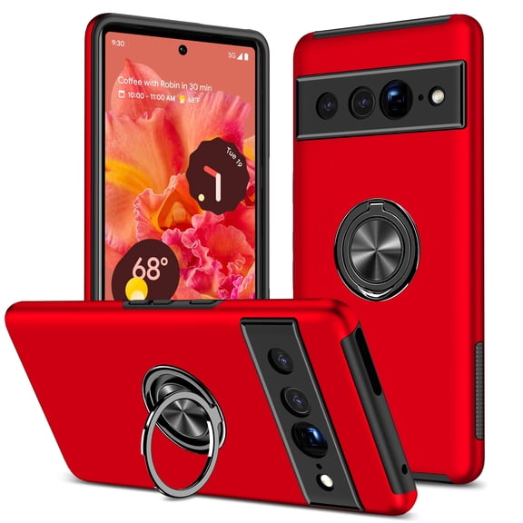 Dual-Layers Case for Google Pixel 7a, Heavy Duty Rugged PC Soft TPU Shockproof Protective Cover with Magnetic Rotated Ring Holder Kickstand Bracket Lens Protection Case,Red