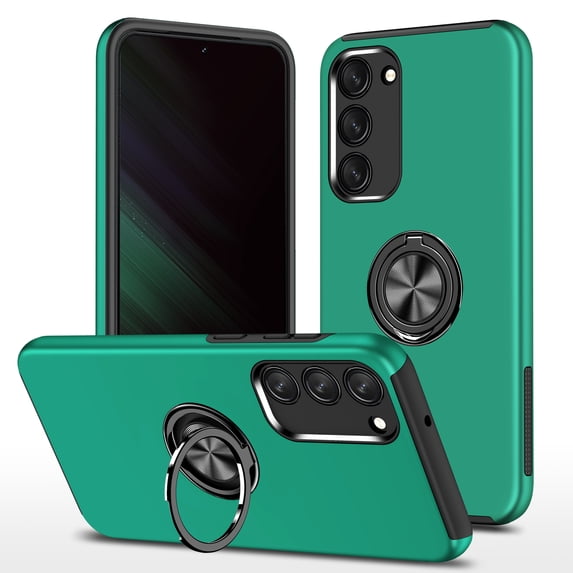 Dual-Layers Case for Samsung Galaxy S23, Heavy Duty Rugged PC Soft TPU Shockproof Protective Cover with Magnetic Rotated Ring Holder Kickstand Bracket Lens Protection Case,Darkgreen