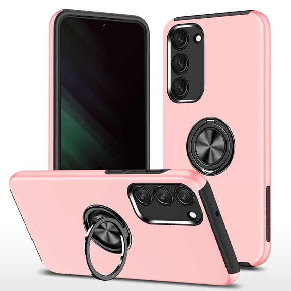 Dual-Layers Case for Samsung Galaxy S23 Plus, Heavy Duty Rugged PC Soft TPU Shockproof Protective Cover with Magnetic Rotated Ring Holder Kickstand Bracket Lens Protection Case,Rosegold