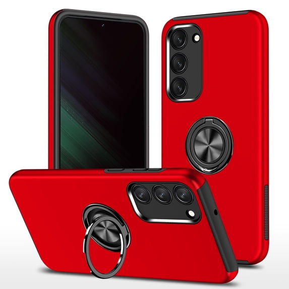 Dual-Layers Case for Samsung Galaxy S23 Plus, Heavy Duty Rugged PC Soft TPU Shockproof Protective Cover with Magnetic Rotated Ring Holder Kickstand Bracket Lens Protection Case,Red