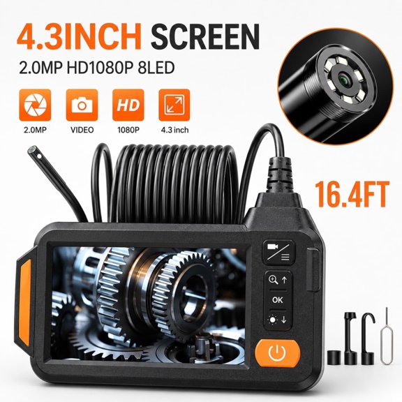 Dual Lens Endoscope Camera, 4.3" IPS 1080P Borescope with LED Lights, 16.4FT Semi-Rigid Cable