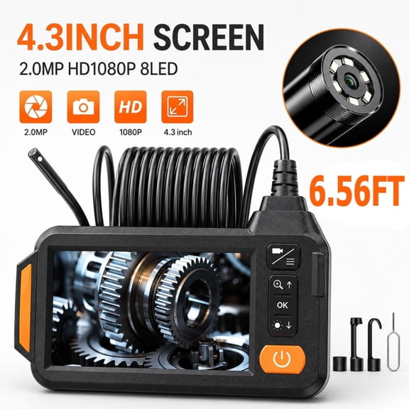 Dual Lens Endoscope Camera, 4.3" IPS 1080P Borescope with LED Lights, 6.6FT Semi-Rigid Cable