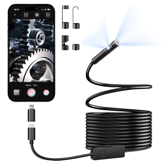 Dual-Lens Endoscope Camera with Light, 1920P HD Borescope with 8+1 Adjustable LED Lights, IP67 Waterproof 16.5FT Semi-Rigid Snake Cord Inspection Camera for iPhone, iPad and Android Phone (Type C)