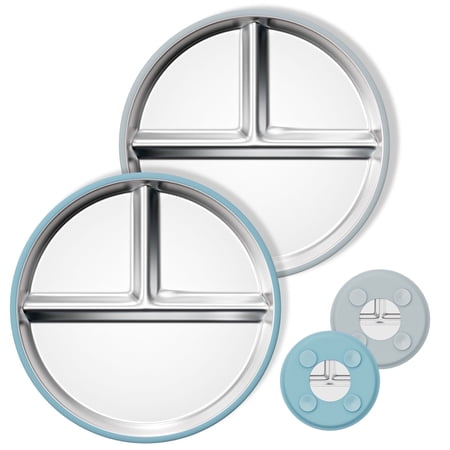 Askmuse Stainless Steel Baby Plate with Suction: Toddler Plate with Removable Silicone Sleeves, Food Grade Stainless Steel Kids Plate 220?, Blue, Gray, 2 Pack