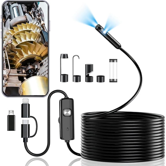 Dual-Lens Endoscope Camera with Light, 1920P HD Borescope 8 Adjustable LEDs, 16.4FT Semi-Rigid Snake Cord, IP68 Waterproof Inspection Tool for iOS, Android, Automotive, Plumbing, HVAC (7.9mm)