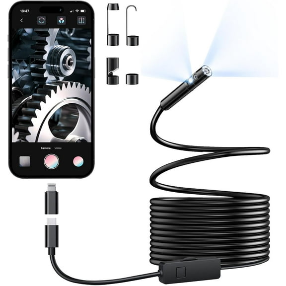 Dual-Lens Endoscope Camera with Light, 1920P HD Borescope with Adjustable LED Lights, IP67 Waterproof 16.5FT Semi-Rigid Snake Cord Inspection Camera for iPhone, iPad and Android Phone
