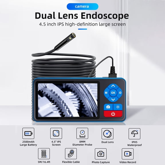 Dual Lens Endoscope Camera with Light 4.5 inch / 11.4 cm IPS Screen 1080P HD 16.4 ft / 5 m Waterproof Handheld Borescope Inspection Camera for Pipe Auto Engine Sewer Diagnostics Industrial Testing