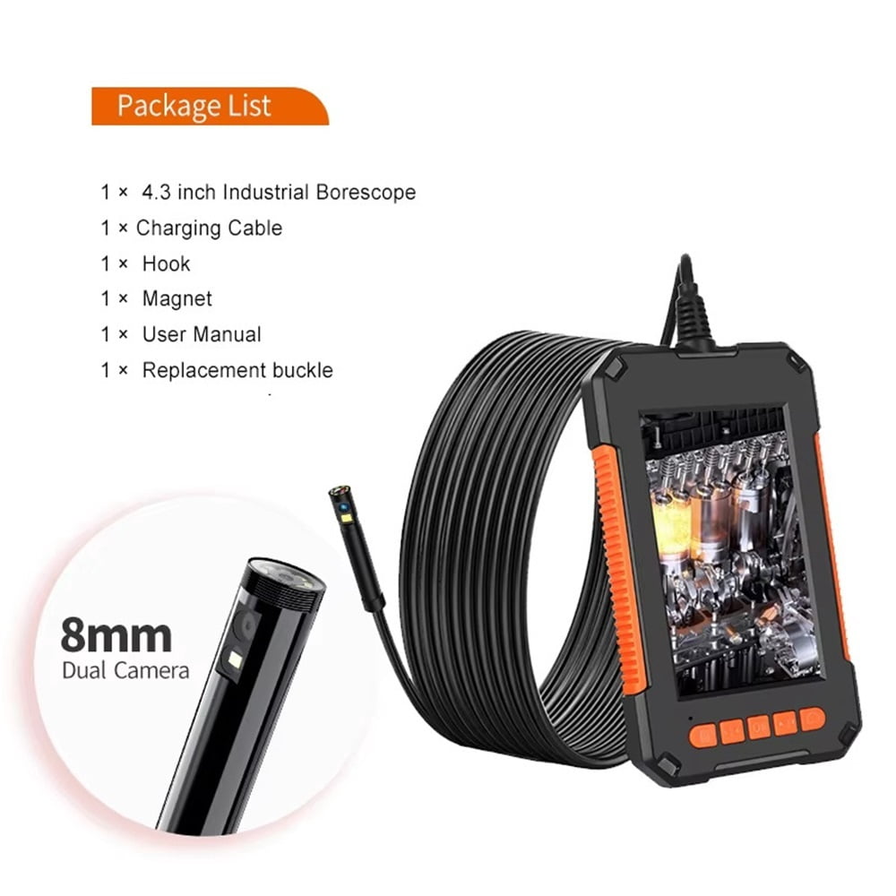 Dual Lens Endoscope Camera with 8 Adjustable Light 1080P 4.3 INCH Sewer Camera Inspection Camera IP67 Waterproof Tools for Men