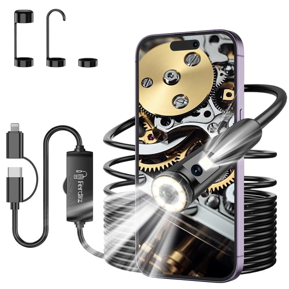 Dual-Lens Endoscope Inspection Camera, 1920P HD Borescope, 16.4ft Semi-Rigid Snake Cable, 8 Adjustable LEDs, IP67 Waterproof Drain Pipe Endoscope Tool for iOS 9+ & Android 6+