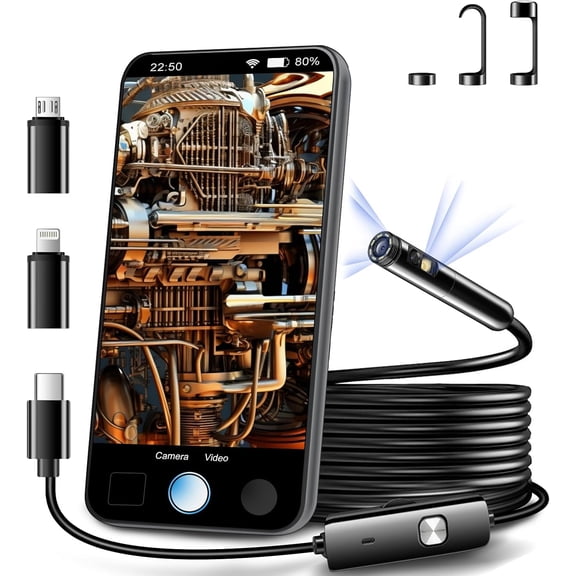 Dual Lens Endoscope Inspection Camera, 2MP HD Borescope with LED Lights, IP68 Waterproof, 11.5FT/3.5M Semi-Rigid Snake Cable, Compatible with Android & iOS Devices