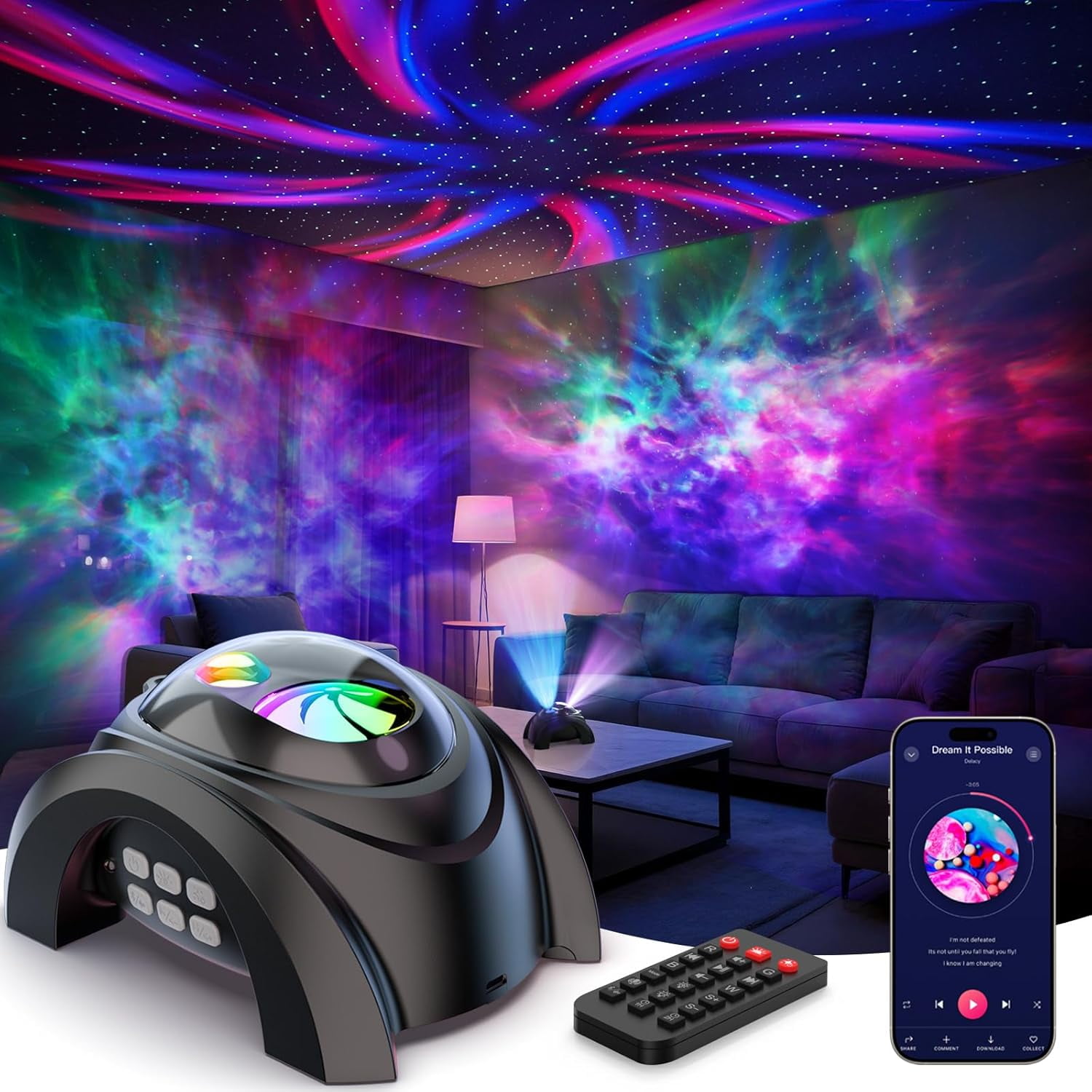 Dual Lens Galaxy Projector, Star Projector for Bedroom with Bluetooth Speaker & White Noise, Remote, Timer, Aurora Nebula Night Light Kids Room Decor, Party, Gifts Adults Teen