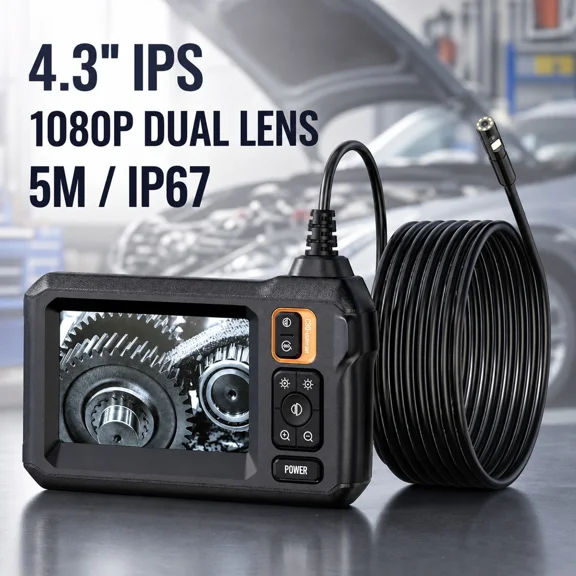 Dual Lens Industrial Endoscope, 1080P Borescope with 4.3-Inch IPS Screen, 8mm Probe, 16.4FT Cable