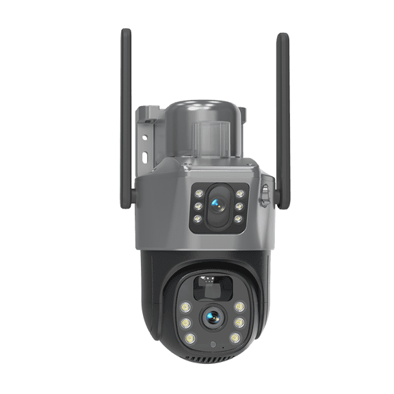 Dual Lens PTZ Security Camera, 355 Pan/Tilt, PIR Human Detection, Two-Way Audio, TF Card Storage, WiFi Surveillance