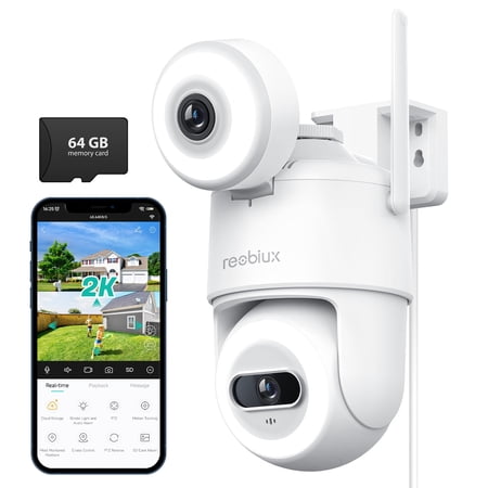 Dual Lens Security Camera Outdoor, 2.5K/6MP PTZ Home Security Cameras Outdoor with Auto Tracking, WIFI Outdoor Cameras Home Security, 3 Night Vision Modes, Two-Way Audio, Support Alexa(64G SD Card)