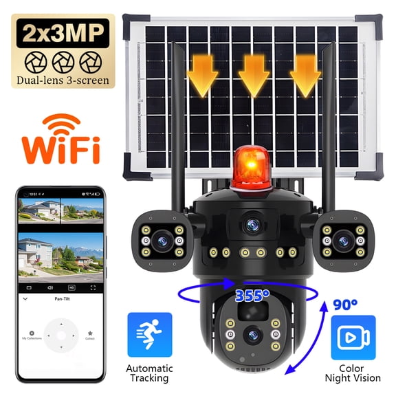 Dual-Lens Solar Security Camera, 3MP Each Total 6MP, 3-Split Screen Outdoor PTZ WiFi Camera, Black, Built-in 8000mAh Battery
