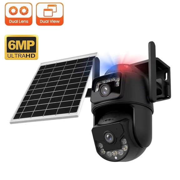 Dual Lens Solar Security Cameras Wireless Outdoor, 2.4G WiFi, 360 View Pan/Tilt Home Security Camera with 6MP Color Night Vision, Motion Detection, 2-Way Audio, Spotlight Siren, Easy to Install