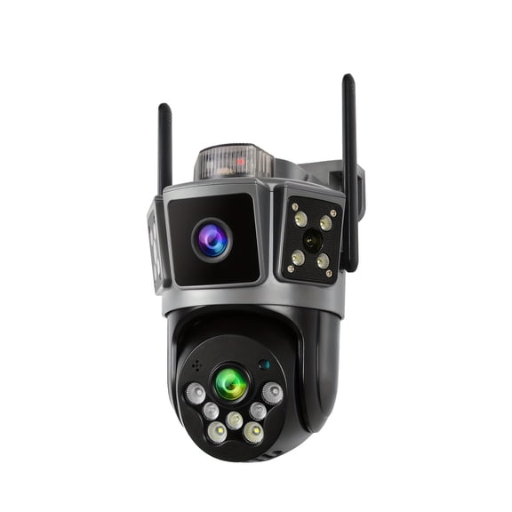 Dual Lens WiFi Security Camera, 3 scene options and 355° pan tilt. Features color night vision and AI motion alarm. Supports remote view, cloud storage and 256GB SD card for indoor and outdoor use.