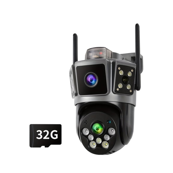 Dual Lens WiFi Security Camera, 3 scene options and 355° pan tilt. Features color night vision and AI motion alarm. Supports remote view, cloud storage and 256GB SD card for indoor and outdoor use.