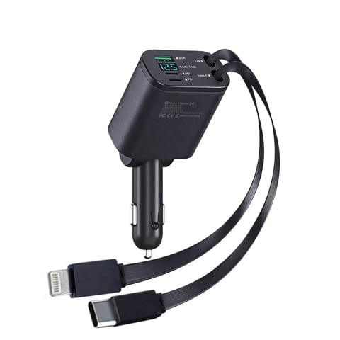 5 in 1 Retractable Car Charger Adapter, 90W Fast USB-C Car Phone Charger with Built-in Retractable Cable 2.2ft, 180 Adjustable & LED Voltage Display, Car Chargers Compatible with Android and iPhone
