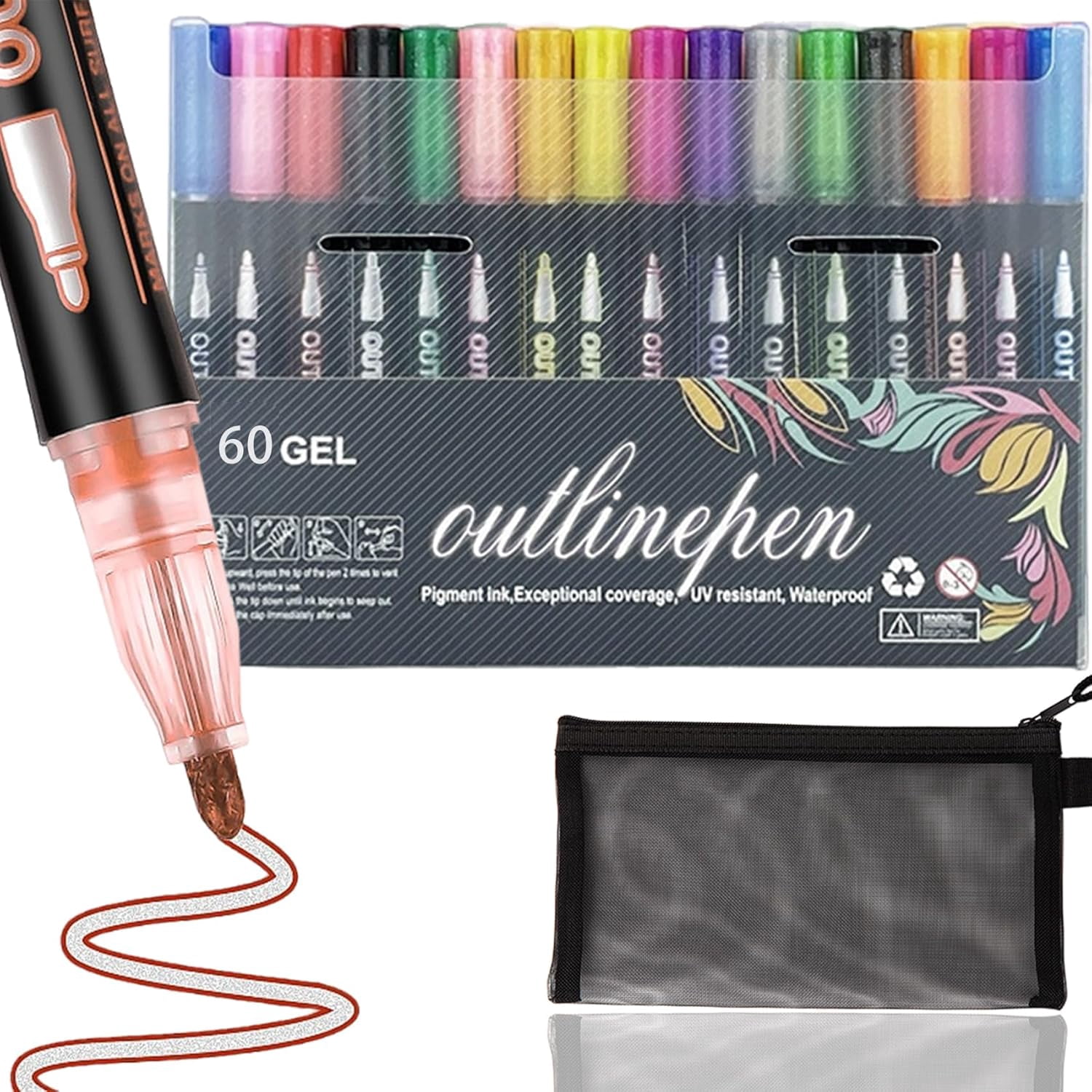 Dual-Line Contour Pen, Outline Metallic Markers, Double Line Outline Markers, Self-Outlining Glitter Pens, Quick-Dry Ink for Drawing, Coloring & Diy Crafts (60pcs)