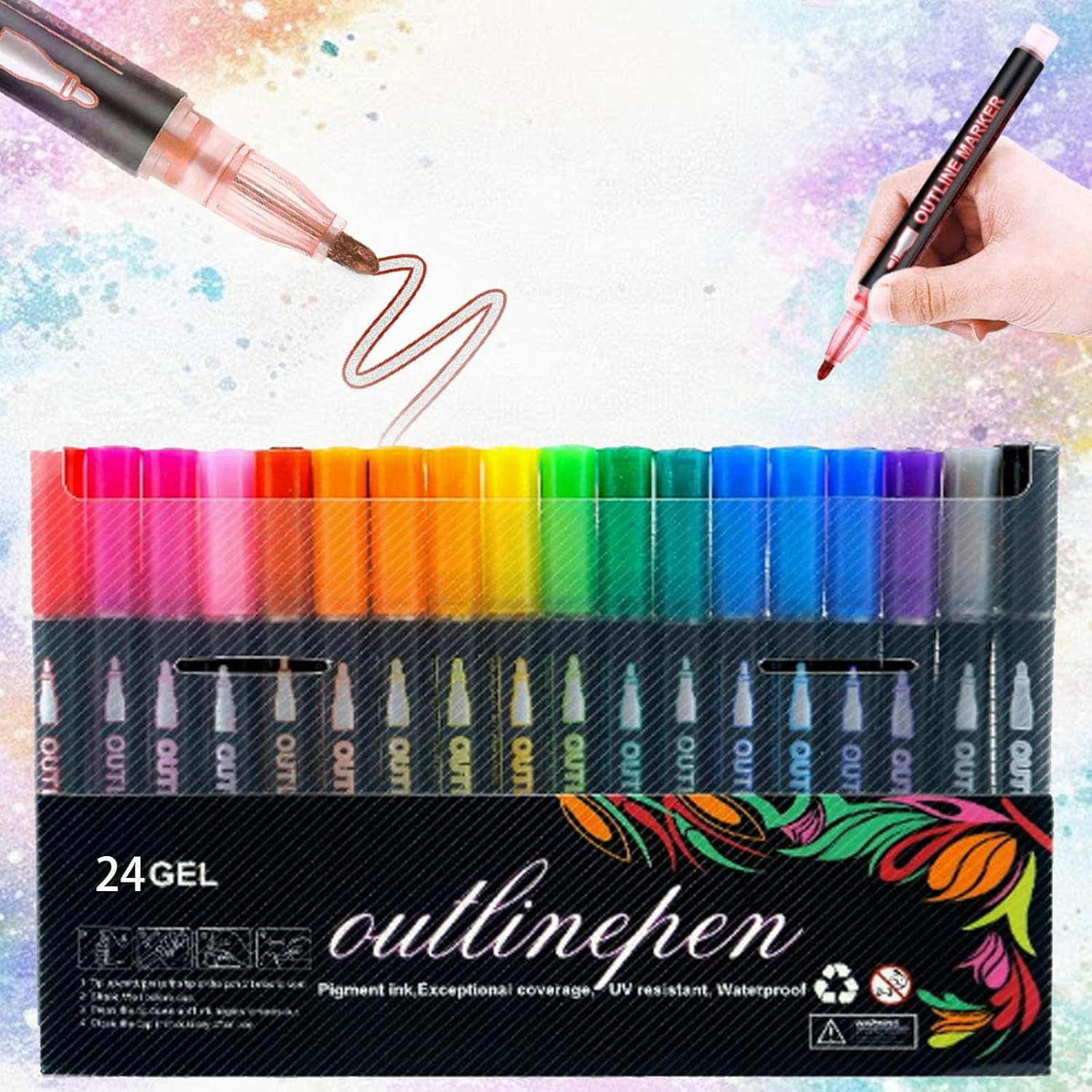 Dual-Line Contour Pen,  Outline Pen, Double Line Super Squiggles Glitter & Metallic Markers, 8/12/24/36/48/60 Colors Self-Outlining Glitter Pens, for Art and DIY (24pcs)