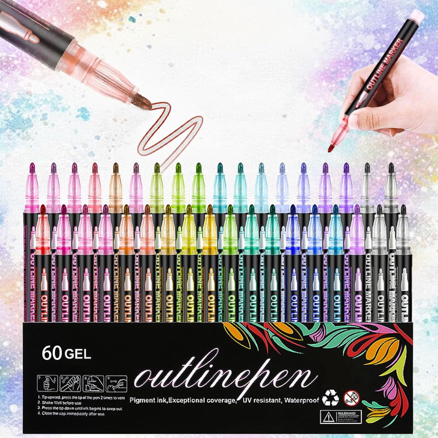 Dual-Line Contour Pen,  Outline Pen, Double Line Super Squiggles Glitter & Metallic Markers, 8/12/24/36/48/60 Colors Self-Outlining Glitter Pens, for Art and DIY (60pcs)