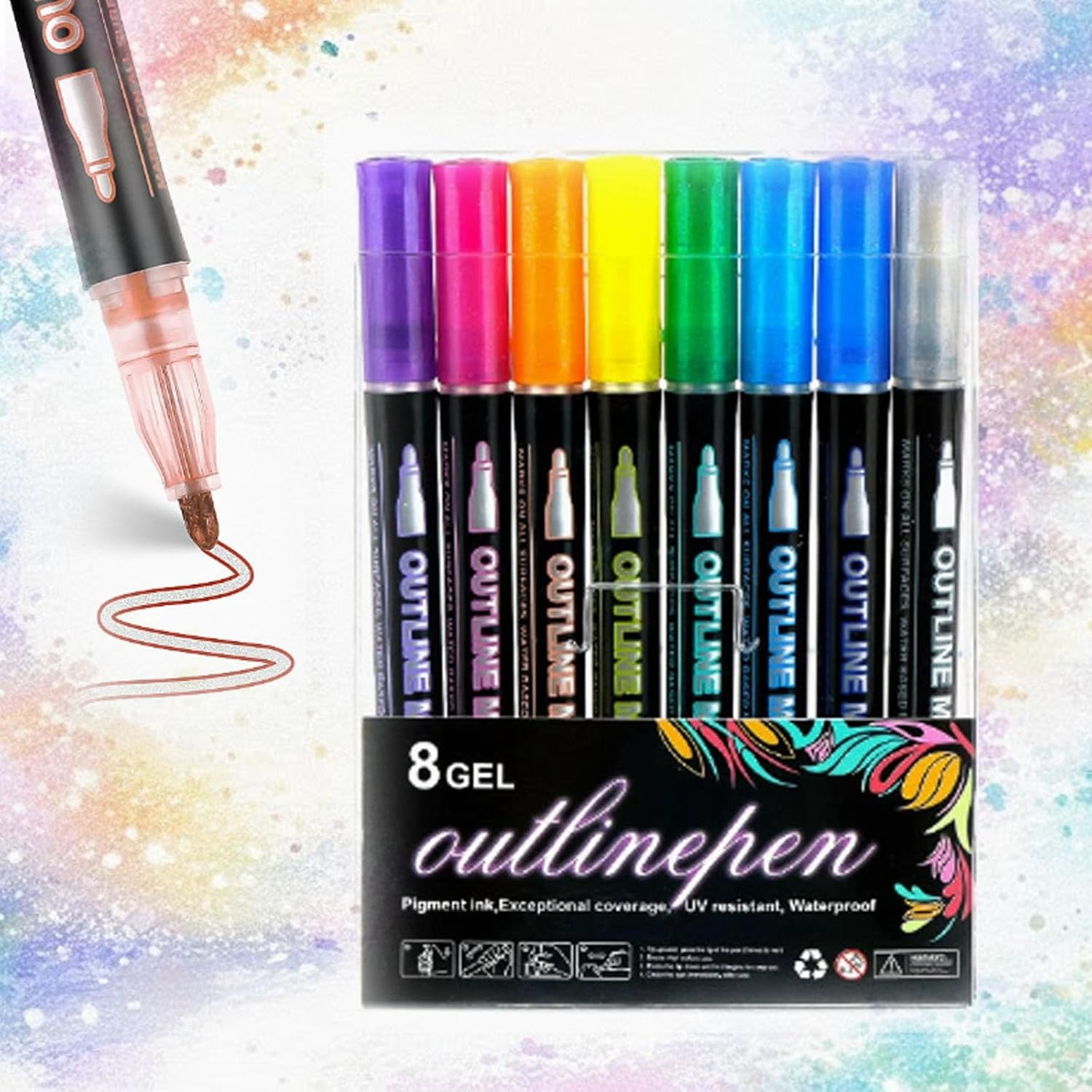 Dual-Line Contour Pen,  Outline Pen, Double Line Super Squiggles Glitter & Metallic Markers, 8/12/24/36/48/60 Colors Self-Outlining Glitter Pens, for Art and DIY (8pcs)