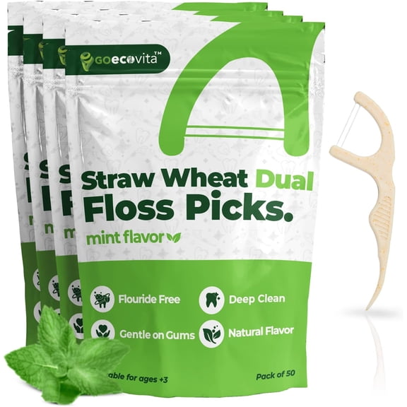 Dual Line Dental Floss Picks - Straw Wheat Flossers | Thin & Shred-Resistant Thread for Tight Gaps | Dental Flossers for Adults | Gentle on Gums & Teeth (200 Pack, Mint)