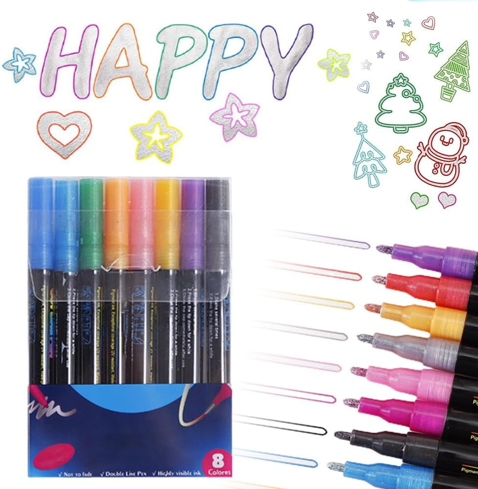 Dual-Line Highlighter, 2024 New Glitter Gel Double Line Outline Pen Sparkle Markers Colorful Art Pens Outline Marker Set for Writing, Scrapbooking, Coloring and Greeting Cards Journal Drawing (8 Pcs)