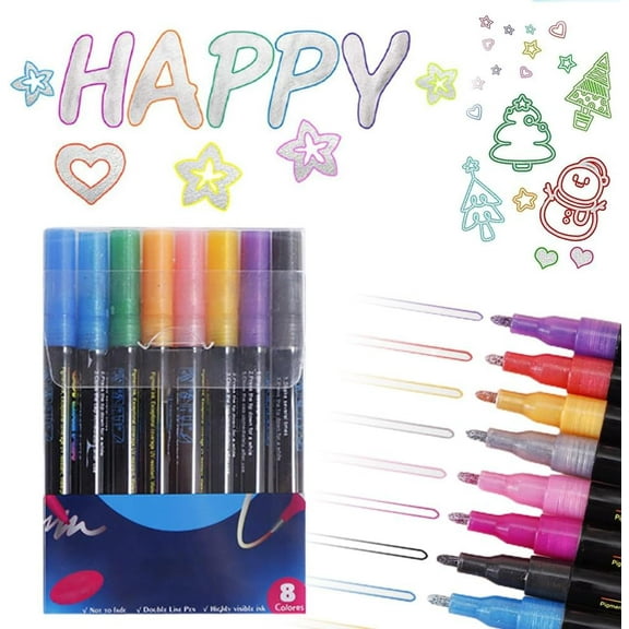 Dual-Line Highlighter, 2024 New Glitter Gel Double Line Outline Pen Sparkle Markers Colorful Art Pens Outline Marker Set for Writing, Scrapbooking, Coloring and Greeting Cards Journal Drawing (8 Pcs)