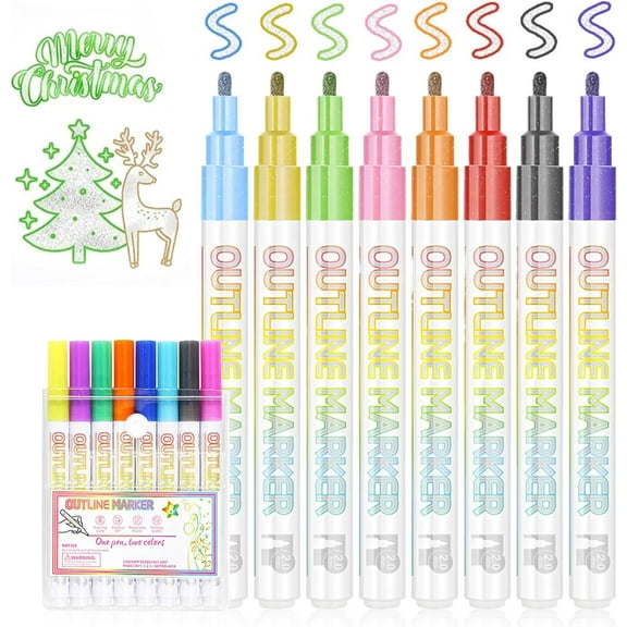 Dual Line Highlighter, 2025 New Double Line Outline Pen Sparkle Markers Colorful Art Pens, Metallic Paint Markers for Black Paper Pens Glitter Marker Scrapbook Supplies
