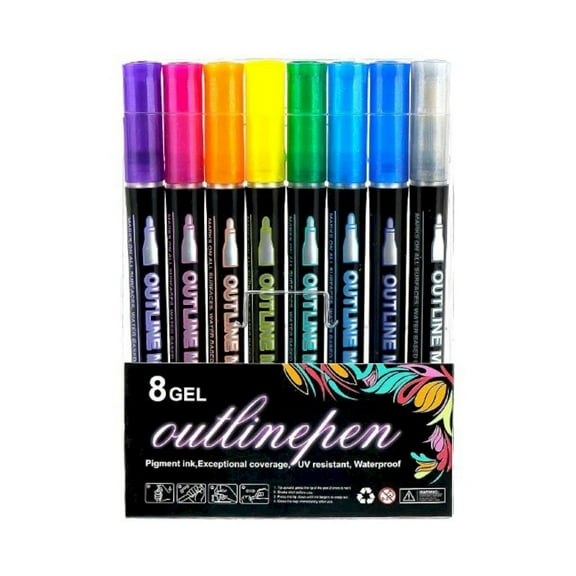 Dual Line Outliner Markers (Doodle Art Pens, Craft Drawing Set), 8 Dual-Line Markers Outline Scrapbook Elements, Line Outliner Markers Doodle, By Meiiso