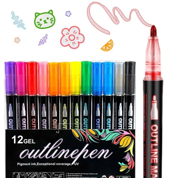 Dual-Line Sparkle Contour Pen – Metallic & Glitter Self-Outlining Markers for Writing & Drawing, Available in 8 to 36 Colors(12PCS)
