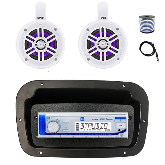 Dual MXD13 Single DIN Bluetooth Marine MP3 AM/FM Stereo Receiver, Spa bezel, Adapter Plate, 22" Radio Antenna, Wire, 2x 4" 300W Max Bluetooth Waterproof Wakeboard LED Tower Speakers (White)