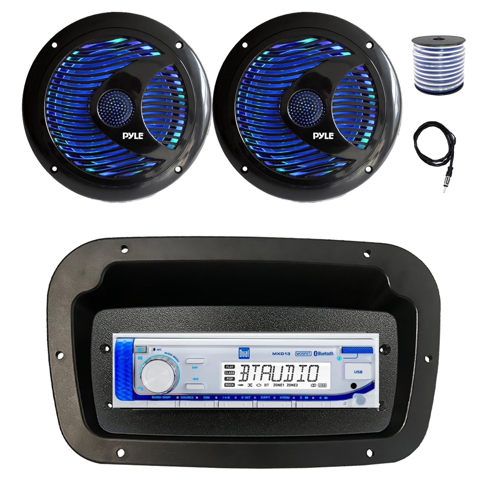 Pyle Marine Stereo Bundle – Single DIN Bluetooth Receiver, 4 Waterproof Speakers, Antenna & 50ft Wire (Boat, ATV, Off-Road)