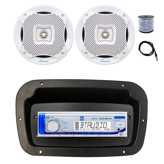 Dual MXD13 Single DIN Bluetooth Marine MP3 AM/FM Stereo Receiver, Spa bezel, Adapter Plate, 22" Radio Antenna, Wire, 2x 6.5" 400W Max 2-Way Water Resistant Audio Speakers (White)