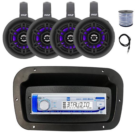 Dual MXD13 Single DIN Bluetooth Marine MP3 AM/FM Stereo Receiver, Spa bezel, Adapter Plate, 22" Radio Antenna, Wire, 4x 4" 300W Max Bluetooth Waterproof Wakeboard LED Tower Speakers (Black)