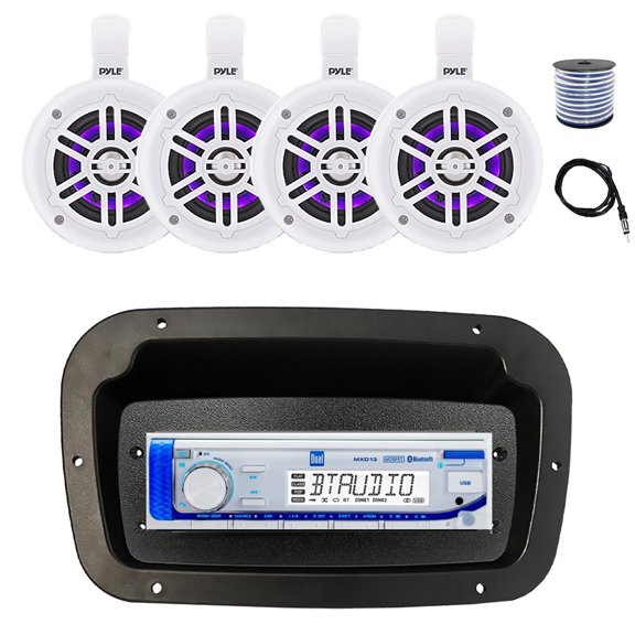 Dual MXD13 Single DIN Bluetooth Marine MP3 AM/FM Stereo Receiver, Spa bezel, Adapter Plate, 22" Radio Antenna, Wire, 4x 4" 300W Max Bluetooth Waterproof Wakeboard LED Tower Speakers (White)