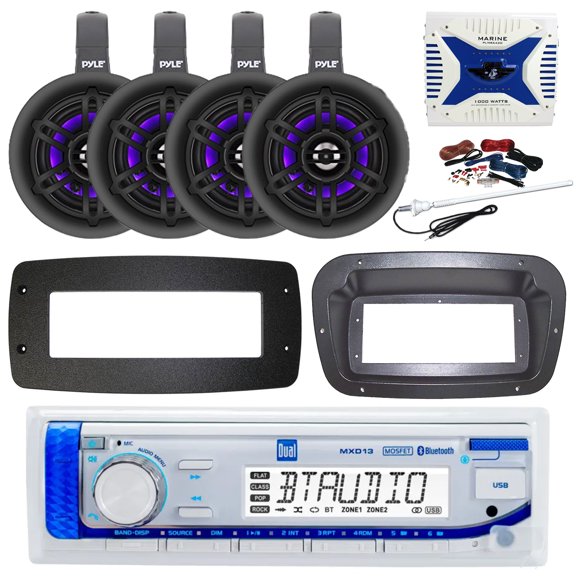 Dual MXD13 Single DIN Bluetooth Marine MP3 AM/FM Stereo Receiver, Spa bezel, Adapter Plate, Long Range Antenna, Amplifier w/Kit, 4x 4" 300W Bluetooth Waterproof Wakeboard LED Tower Speakers (Black)