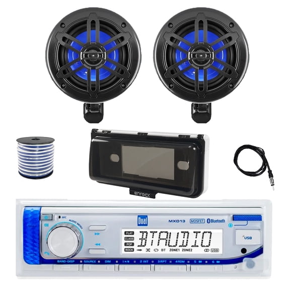 Dual MXD13 Single DIN Bluetooth Marine MP3 AM/FM Stereo Receiver with White Cover, 22" Radio Antenna, Wire, 2x 4" 150 Watt Max 2-Way Waterproof Off-Road Audio Speakers (Black)