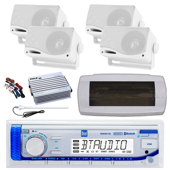Dual MXD13 Single DIN Bluetooth Marine MP3 AM/FM Stereo Receiver with White Cover, Long Range Antenna, Amplifier w/Kit, 4x 3.5'' 200 Watt Max 3-Way Indoor/Outdoor Wall Mount Speaker (White)