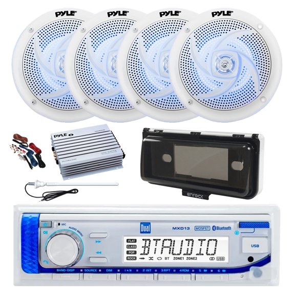 Dual MXD13 Single DIN Bluetooth Marine MP3 AM/FM Stereo Receiver, White Cover, Long Range Antenna, Amplifier w/Kit, 4x 4" 100 Watt 2-Way Blue Flashing LED Boat Audio Speakers (White)