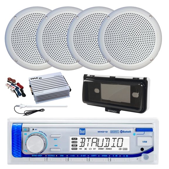 Dual MXD13 Single DIN Bluetooth Marine MP3 AM/FM Stereo Receiver with White Cover, Long Range Antenna, Amplifier w/Kit, 4x 5.25" 20 Watt Max Polycone Audio Speakers (White, Bulk Packaging)