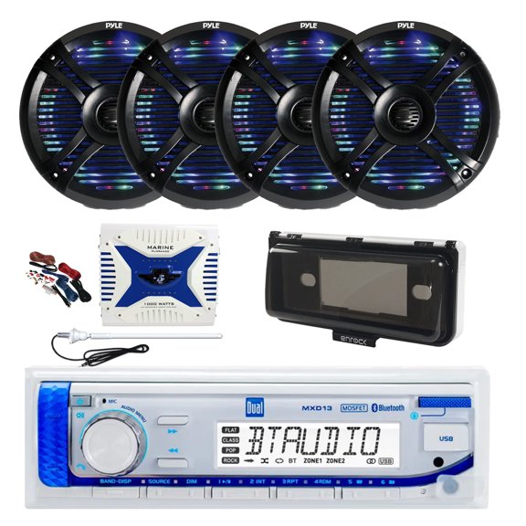 Dual MXD13 Single DIN Bluetooth Marine MP3 AM/FM Stereo Receiver with White Cover, Long Range Antenna, Amplifier w/Kit, 4x 6.5" 250 Watt Max 2-Way Waterproof Multicolor LED Audio Speakers (Black)