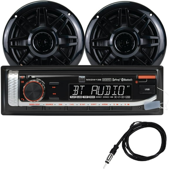 Dual MXP152B Marine AM/FM Digital Media Receiver with Built-in Bluetooth | (2) 6.5″ Marine Speakers | Antenna | USB Playback with 2.1A Fast Charging | Black